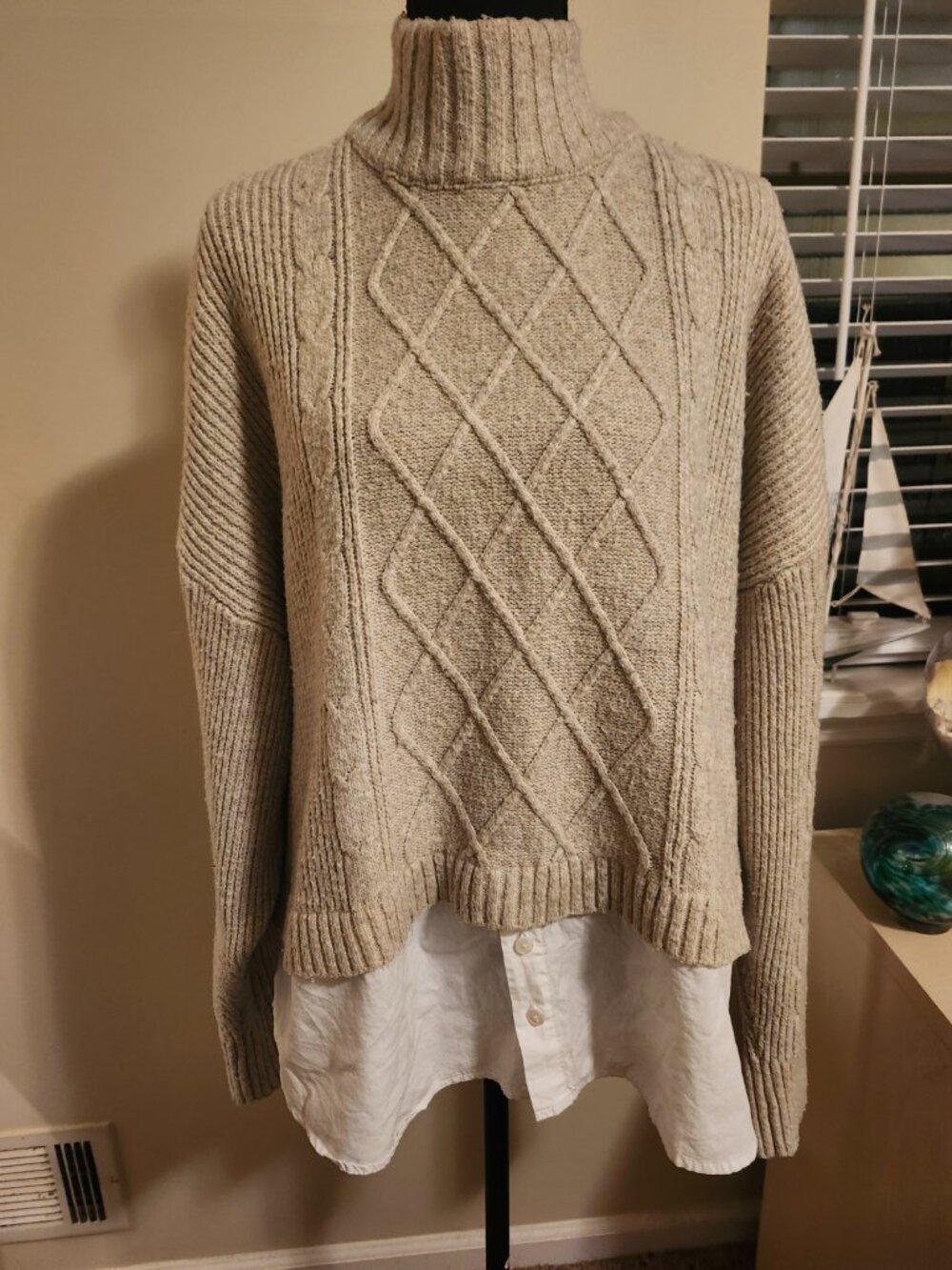 Cozy Cable Knit Turtleneck Sweater Beige Faux Shirt Tails Classic Preppy XXL
